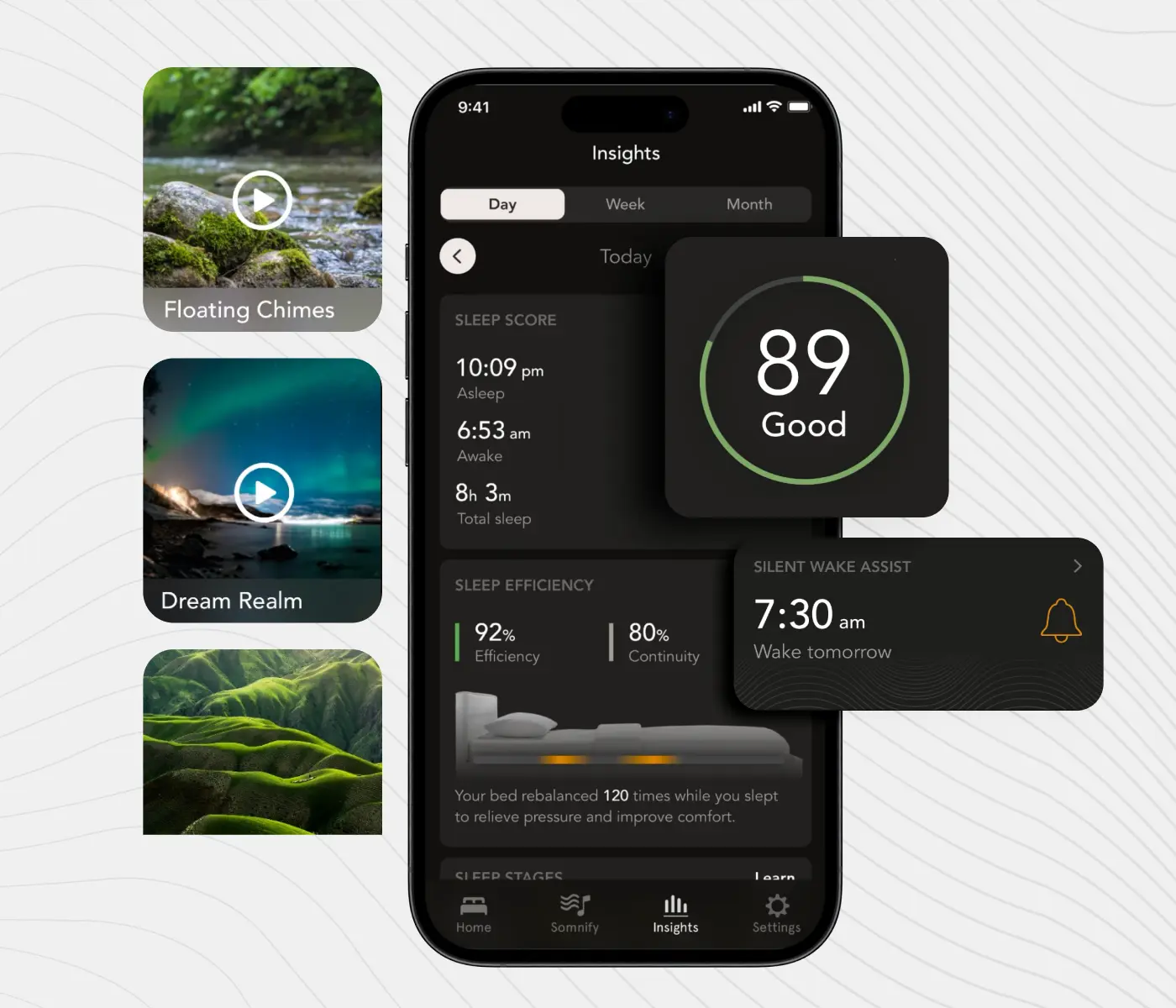 Visuals showcasing the Bryte Balance app, designed to track sleep scores using a dedicated device for comprehensive sleep monitoring and analysis.